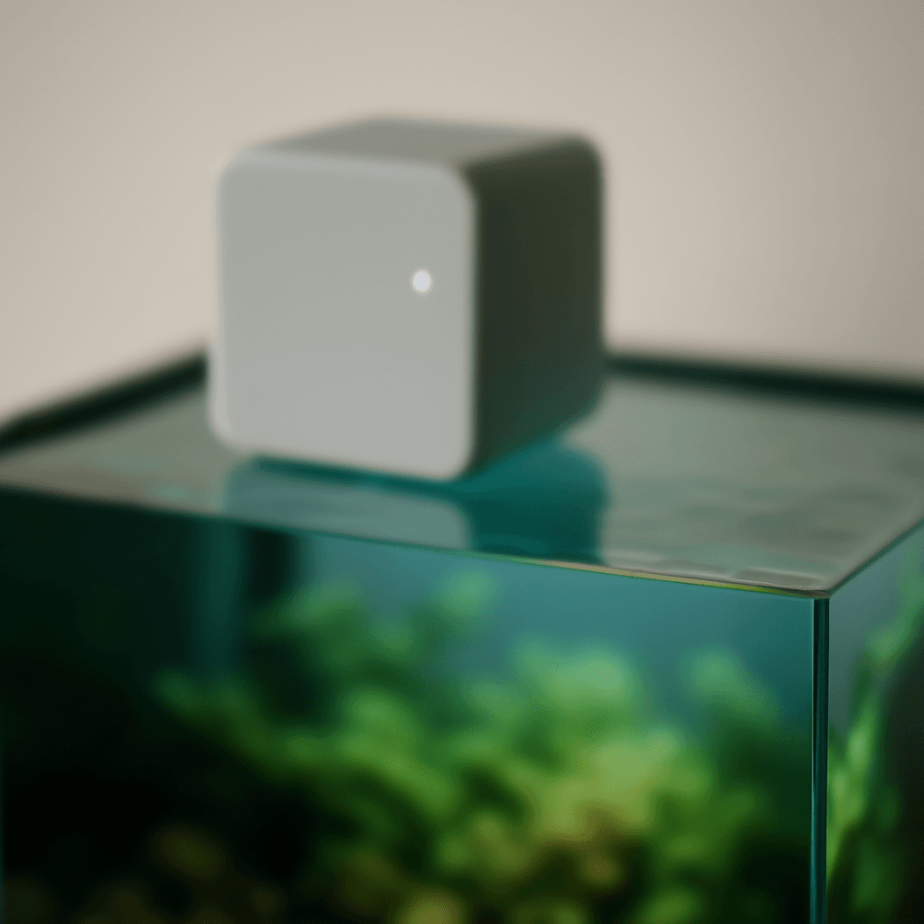 DomuLabs dashboard demo showing environmental controls for aquariums including temperature monitoring, lighting schedules, and feeding automation